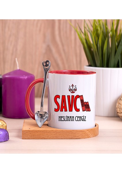 Kişiye Özel Savcı Ahşap Altlıklı Kaşıklı Kırmızı Kupa Bardak