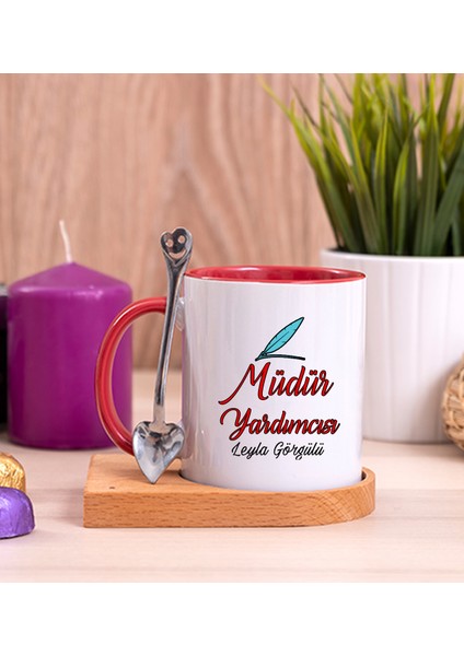 Kişiye Özel Müdür Yardımcısı Ahşap Altlıklı Kaşıklı Kırmızı Kupa Bardak