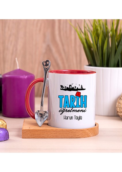 Kişiye Özel Tarih Öğretmeni Ahşap Altlıklı Kaşıklı Kırmızı Kupa Bardak