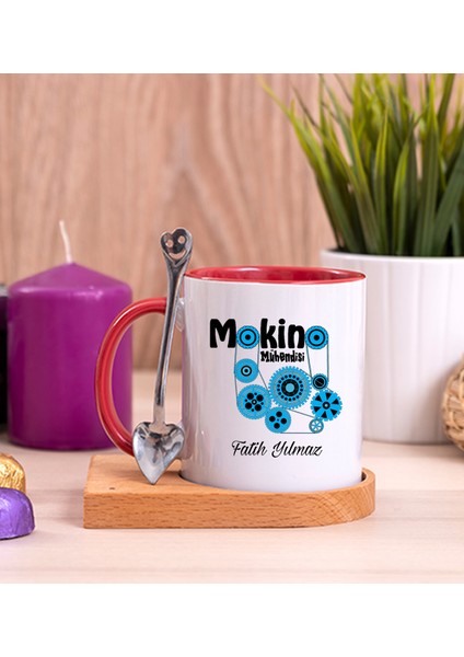 Kişiye Özel Makine Mühendisi Ahşap Altlıklı Kaşıklı Kırmızı Kupa Bardak