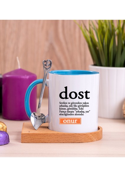 Kişiye Özel Dost Kelime Anlamı Ahşap Altlıklı Kaşıklı Mavi Kupa Bardak