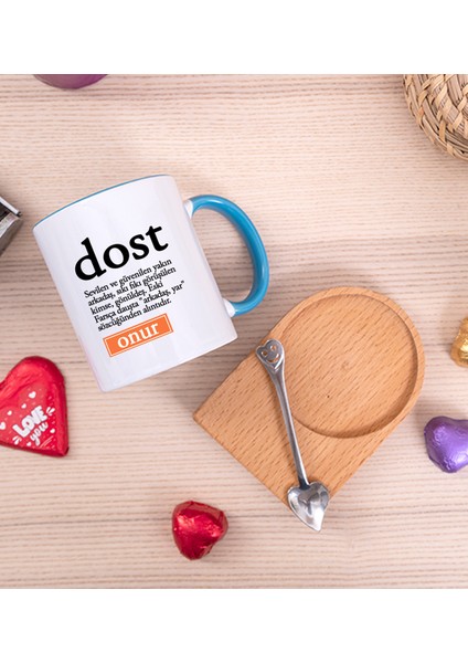 Kişiye Özel Dost Kelime Anlamı Ahşap Altlıklı Kaşıklı Mavi Kupa Bardak