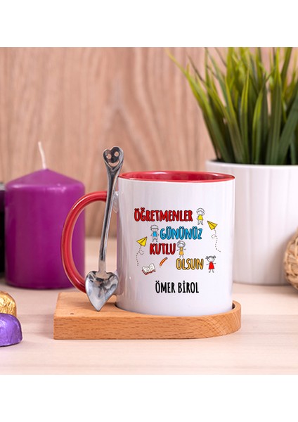 Kişiye Özel Öğretmenler Günü Ahşap Altlıklı Kaşıklı Kırmızı Kupa Bardak