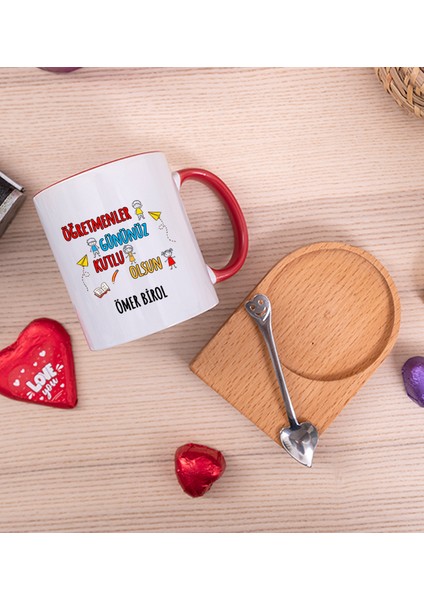 Kişiye Özel Öğretmenler Günü Ahşap Altlıklı Kaşıklı Kırmızı Kupa Bardak fiyatları