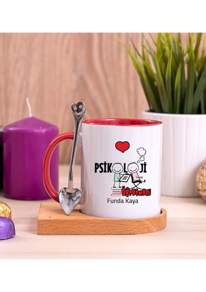 Kişiye Özel Psikoloji Öğretmeni Ahşap Altlıklı Kaşıklı Kırmızı Kupa Bardak