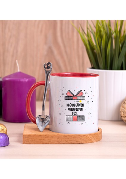 Kişiye Özel Doğum Günü Hediyesi Ahşap Altlıklı Kaşıklı Kırmızı Kupa Bardak