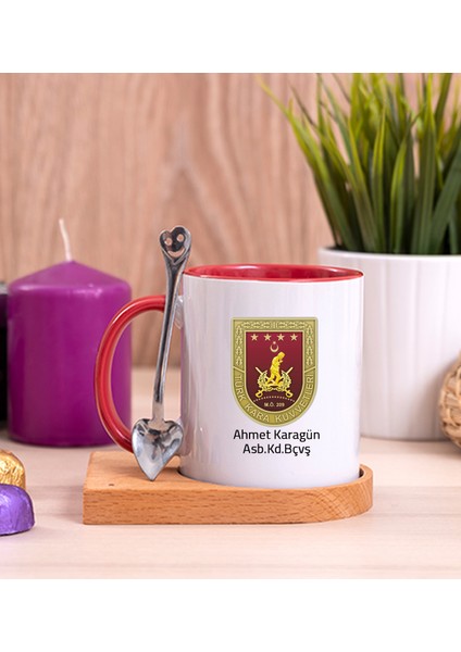 Kişiye Özel Kara Kuvvetleri Ahşap Altlıklı Kaşıklı Kırmızı Kupa Bardak