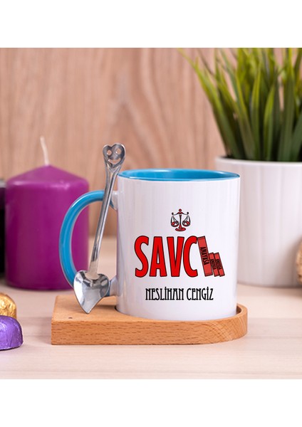 Kişiye Özel Savcı Ahşap Altlıklı Kaşıklı Mavi Kupa Bardak