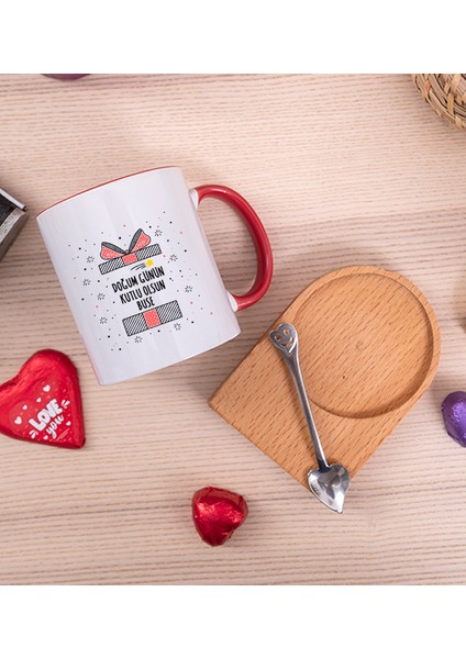 Kişiye Özel Doğum Günü Hediyesi Ahşap Altlıklı Kaşıklı Kırmızı Kupa Bardak fiyatları