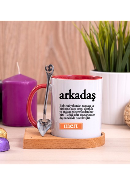 Kişiye Özel Arkadaş Kelime Anlamı Ahşap Altlıklı Kaşıklı Kırmızı Kupa Bardak