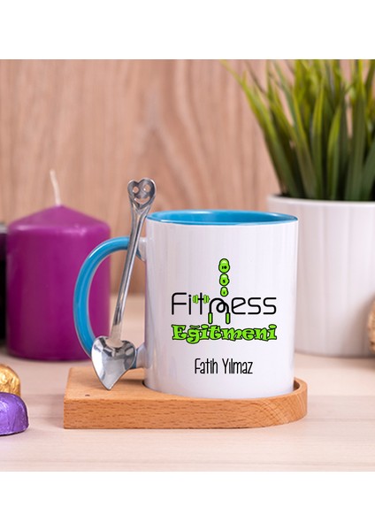 Kişiye Özel Fitness Eğitmeni Ahşap Altlıklı Kaşıklı Mavi Kupa Bardak