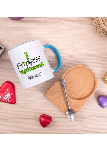 Kişiye Özel Fitness Eğitmeni Ahşap Altlıklı Kaşıklı Mavi Kupa Bardak fiyatları