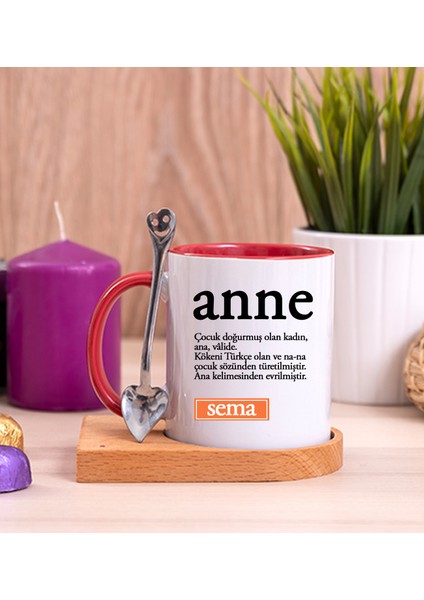 Kişiye Özel Anne Kelime Anlamı Ahşap Altlıklı Kaşıklı Kırmızı Kupa Bardak