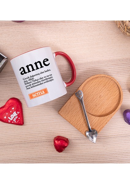 Kişiye Özel Anne Kelime Anlamı Ahşap Altlıklı Kaşıklı Kırmızı Kupa Bardak fiyatları