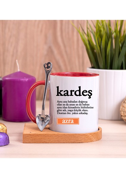 Kişiye Özel Kardeş Kelime Anlamı Ahşap Altlıklı Kaşıklı Kırmızı Kupa Bardak