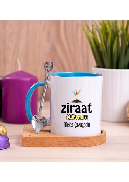 Kişiye Özel Ziraat Mühendisi Ahşap Altlıklı Kaşıklı Mavi Kupa Bardak