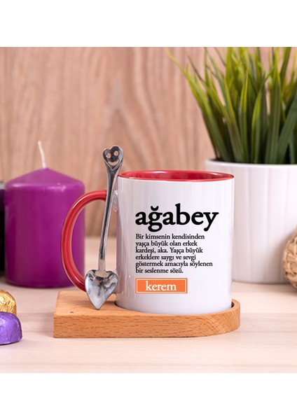 Kişiye Özel Ağabey Kelime Anlamı Ahşap Altlıklı Kaşıklı Kırmızı Kupa Bardak