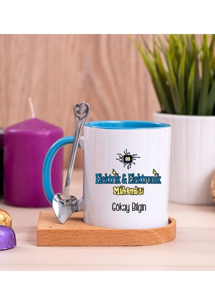 Kişiye Özel Elektrik Elektronik Mühendisi Ahşap Altlıklı Kaşıklı Mavi Kupa Bardak