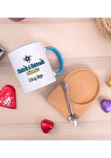 Kişiye Özel Elektrik Elektronik Mühendisi Ahşap Altlıklı Kaşıklı Mavi Kupa Bardak fiyatları