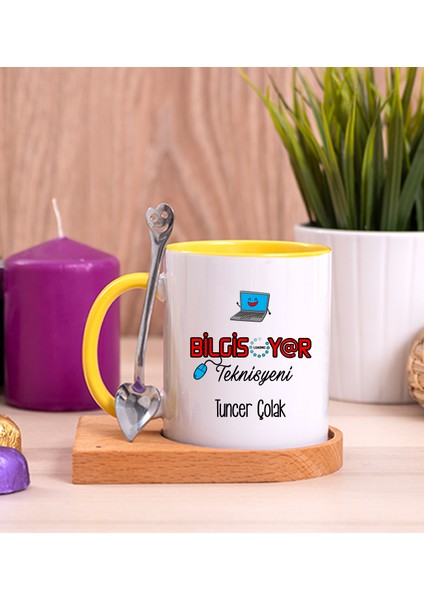 Kişiye Özel Bilgisayar Teknisyeni Ahşap Altlıklı Kaşıklı Sarı Kupa Bardak