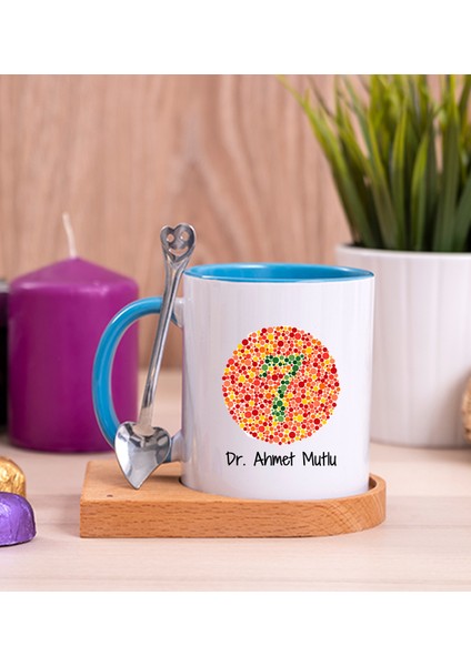 Kişiye Özel Göz Doktoru Ahşap Altlıklı Kaşıklı Mavi Kupa Bardak