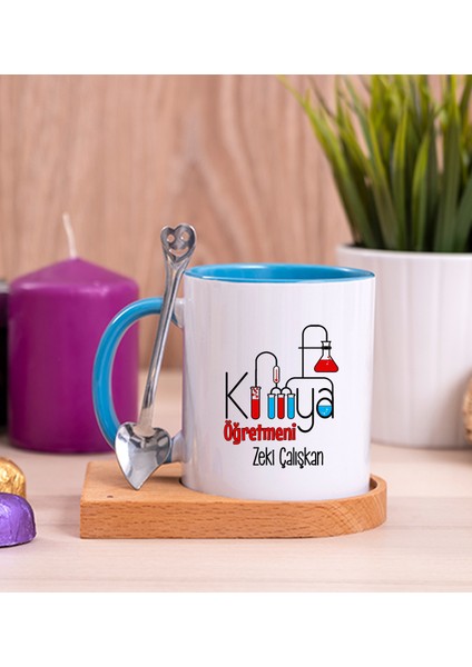 Kişiye Özel Kimya Öğretmeni Ahşap Altlıklı Kaşıklı Mavi Kupa Bardak