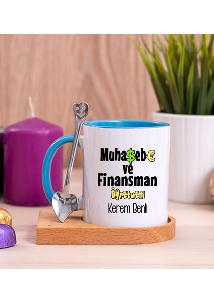 Kişiye Özel Muhasebe ve Finansman Öğretmeni Ahşap Altlıklı Kaşıklı Mavi Kupa Bardak