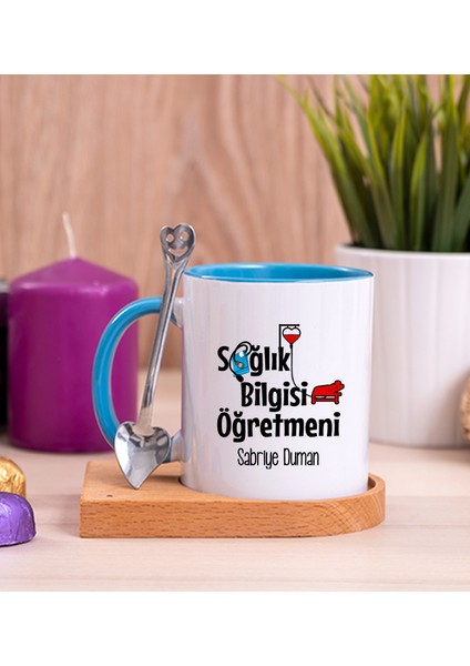Kişiye Özel Sağlık Bilgisi Öğretmeni Ahşap Altlıklı Kaşıklı Mavi Kupa Bardak
