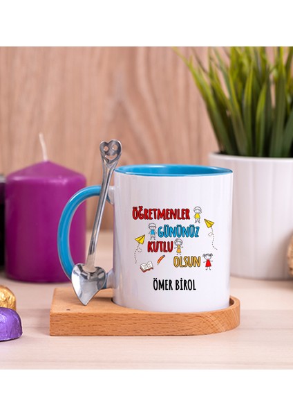 Kişiye Özel Öğretmenler Günü Ahşap Altlıklı Kaşıklı Mavi Kupa Bardak