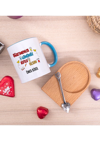 Kişiye Özel Öğretmenler Günü Ahşap Altlıklı Kaşıklı Mavi Kupa Bardak fiyatları