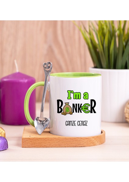 Kişiye Özel Bankacı Ahşap Altlıklı Kaşıklı Yeşil Kupa Bardak