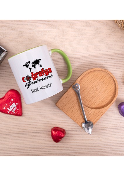 Kişiye Özel Coğrafya Öğretmeni Ahşap Altlıklı Kaşıklı Yeşil Kupa Bardak fiyatları