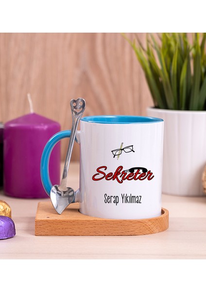 Kişiye Özel Sekreter Ahşap Altlıklı Kaşıklı Mavi Kupa Bardak
