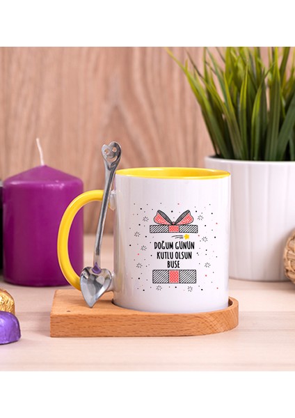 Kişiye Özel Doğum Günü Hediyesi Ahşap Altlıklı Kaşıklı Sarı Kupa Bardak