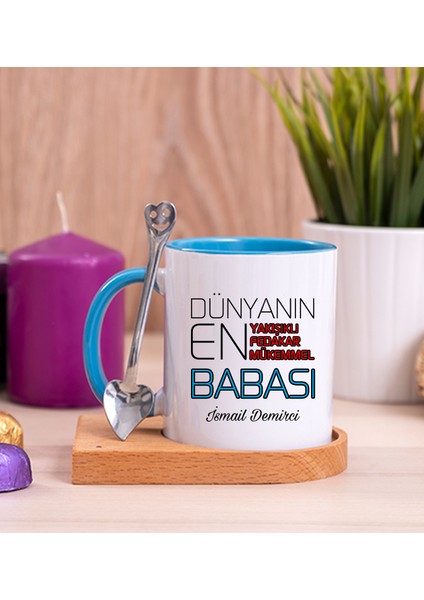 Kişiye Özel Dünyanın En Iyi Babası Ahşap Altlıklı Kaşıklı Mavi Kupa Bardak