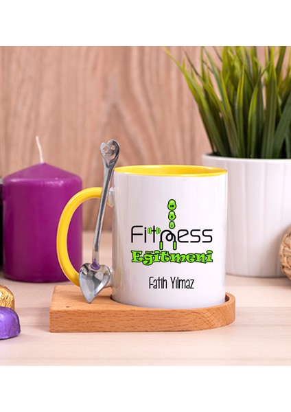 Kişiye Özel Fitness Eğitmeni Ahşap Altlıklı Kaşıklı Sarı Kupa Bardak