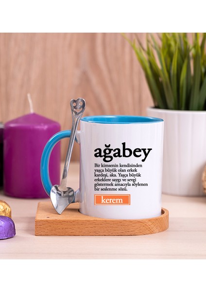 Kişiye Özel Ağabey Kelime Anlamı Ahşap Altlıklı Kaşıklı Mavi Kupa Bardak