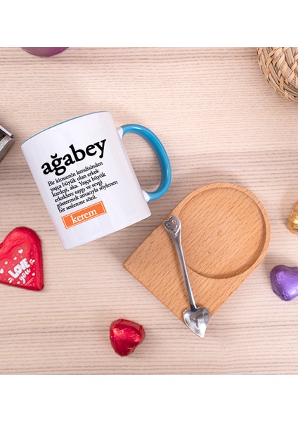 Kişiye Özel Ağabey Kelime Anlamı Ahşap Altlıklı Kaşıklı Mavi Kupa Bardak fiyatları