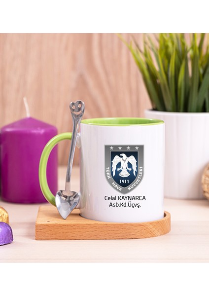 Kişiye Özel Hava Kuvvetleri Ahşap Altlıklı Kaşıklı Yeşil Kupa Bardak