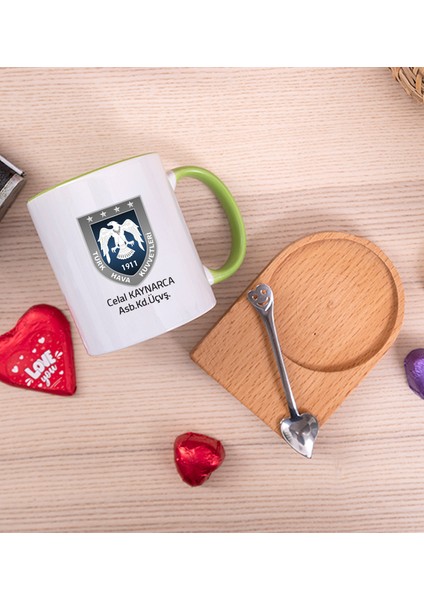 Kişiye Özel Hava Kuvvetleri Ahşap Altlıklı Kaşıklı Yeşil Kupa Bardak fiyatları