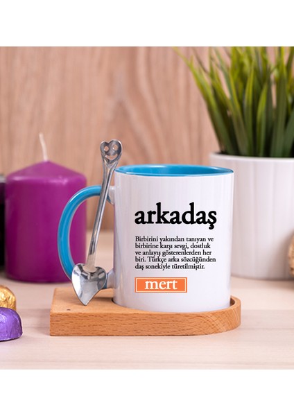 Kişiye Özel Arkadaş Kelime Anlamı Ahşap Altlıklı Kaşıklı Mavi Kupa Bardak