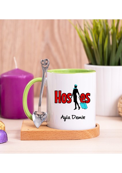 Kişiye Özel Hostes Ahşap Altlıklı Kaşıklı Yeşil Kupa Bardak