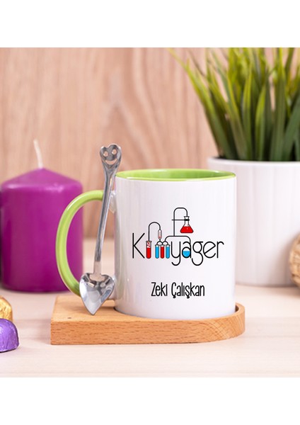Kişiye Özel Kimyager Ahşap Altlıklı Kaşıklı Yeşil Kupa Bardak