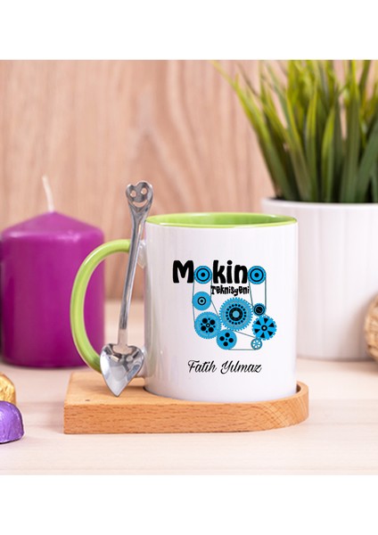 Kişiye Özel Makine Teknisyeni Ahşap Altlıklı Kaşıklı Yeşil Kupa Bardak
