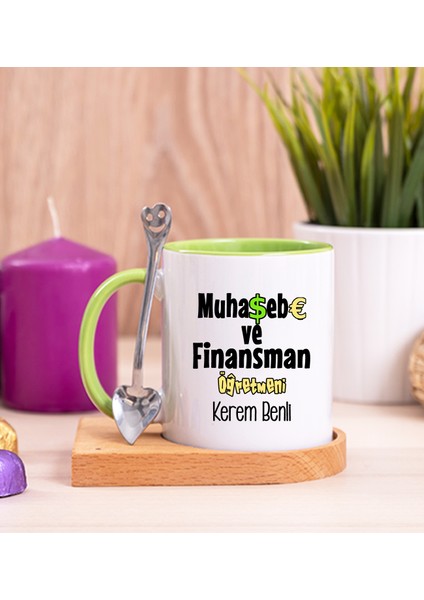 Kişiye Özel Muhasebe ve Finansman Öğretmeni Ahşap Altlıklı Kaşıklı Yeşil Kupa Bardak