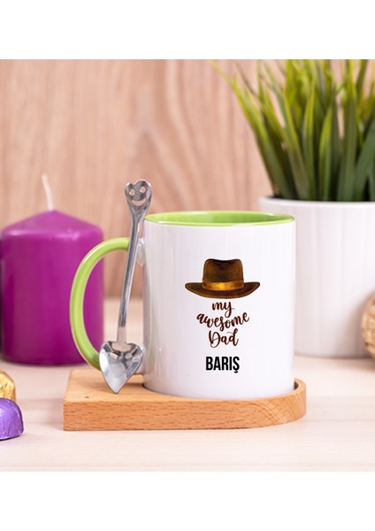 Kişiye Özel Awesome Dad Babaya Hediye Ahşap Altlıklı Kaşıklı Yeşil Kupa Bardak