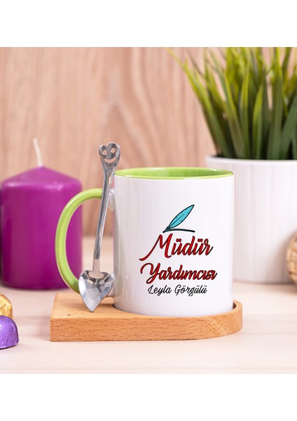 Kişiye Özel Müdür Yardımcısı Ahşap Altlıklı Kaşıklı Yeşil Kupa Bardak