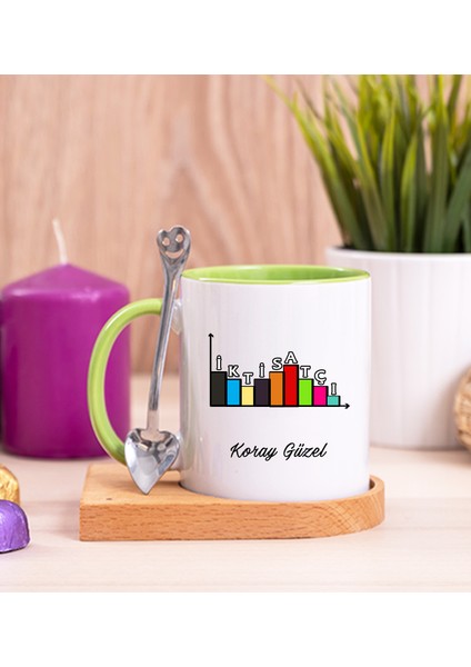 Kişiye Özel Iktisatçı Ahşap Altlıklı Kaşıklı Yeşil Kupa Bardak