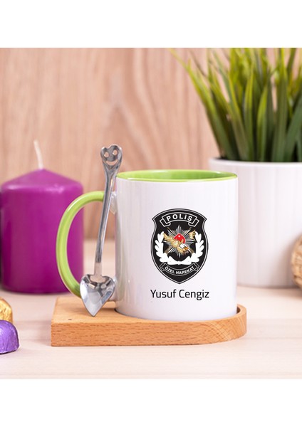 Kişiye Özel Özel Harekat Polisi Ahşap Altlıklı Kaşıklı Yeşil Kupa Bardak