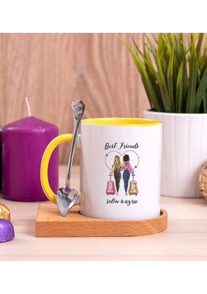 Kişiye Özel Best Friends Ahşap Altlıklı Kaşıklı Sarı Kupa Bardak
